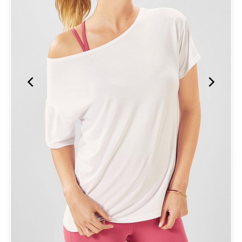 White off the shoulder workout tee shirt.